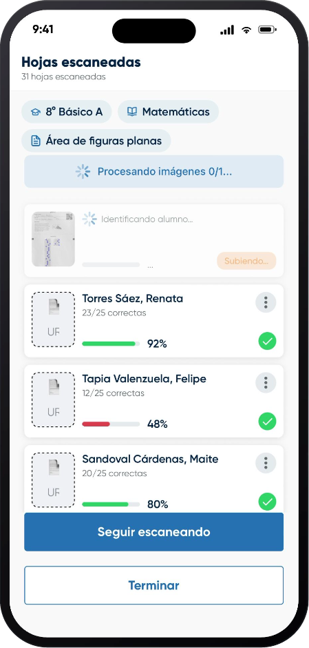 Resultados de hojas escaneadas con puntajes